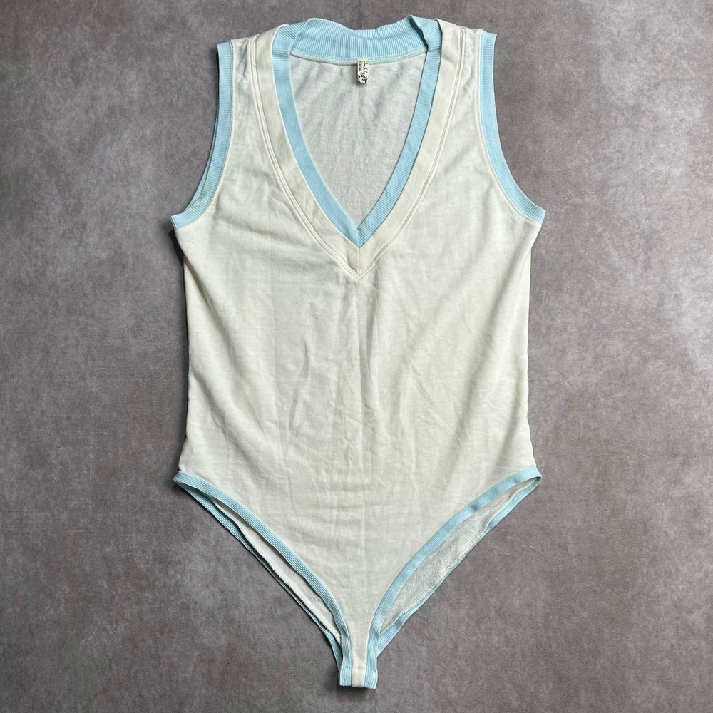 Intimately Free People V-Neck Bodysuit Cream Blue Ribbed Trim Sleeveless
